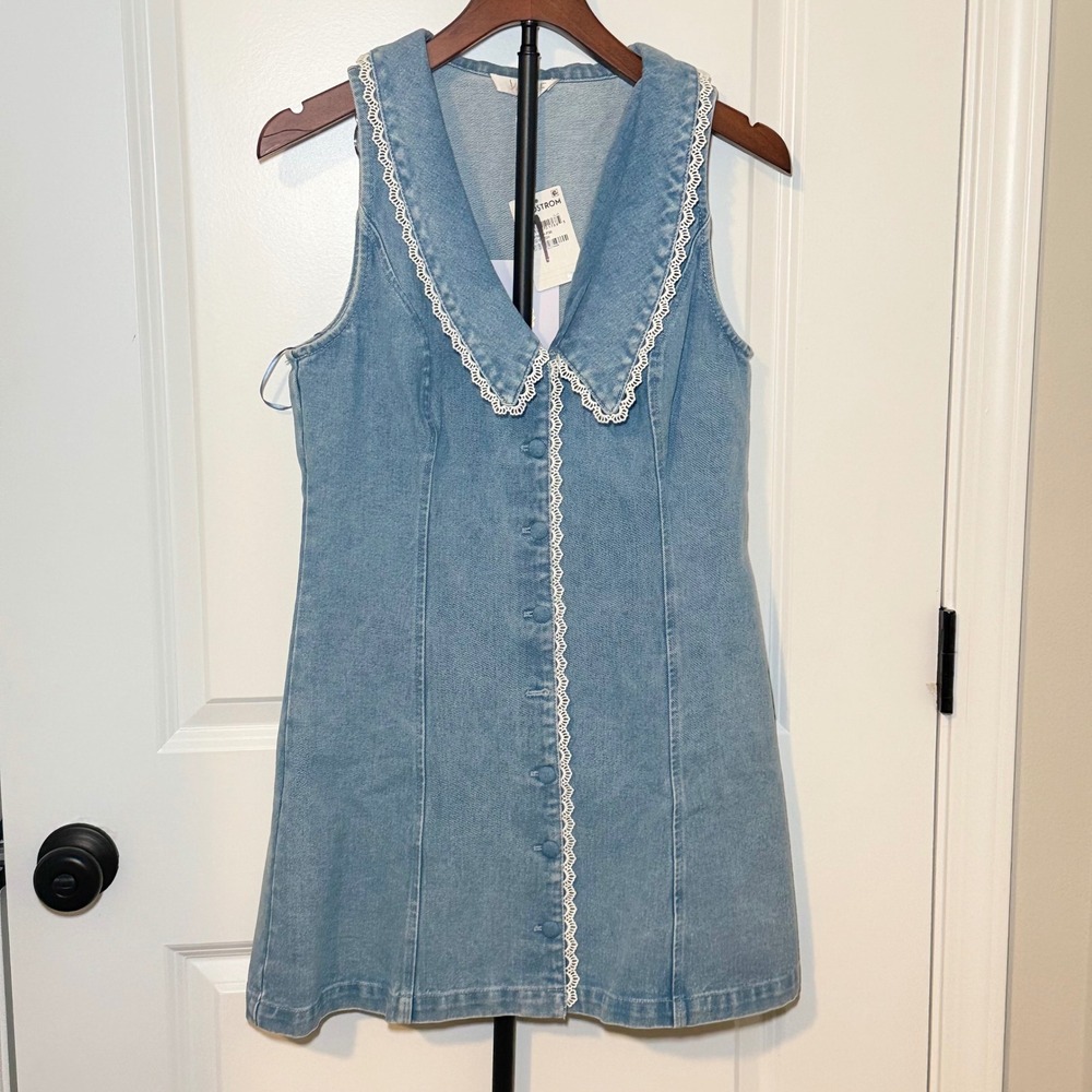 WAYF Denim Mini Dress Light Wash Eyelet Lace Trim Sleeveless Button Front Size S